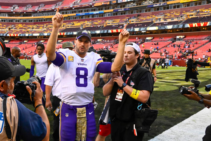 Nov 6, 2022; Landover, Maryland, USA; Minnesota Vikings quarterback Kirk Cousins (8) walks off the field against the Washington Commanders during the second half at FedExField.